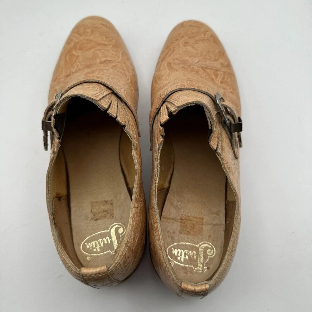 Justin Loafers Shoes Mens Size 8C‎ Narrow Tan Leather Tooled Monk Strap Western